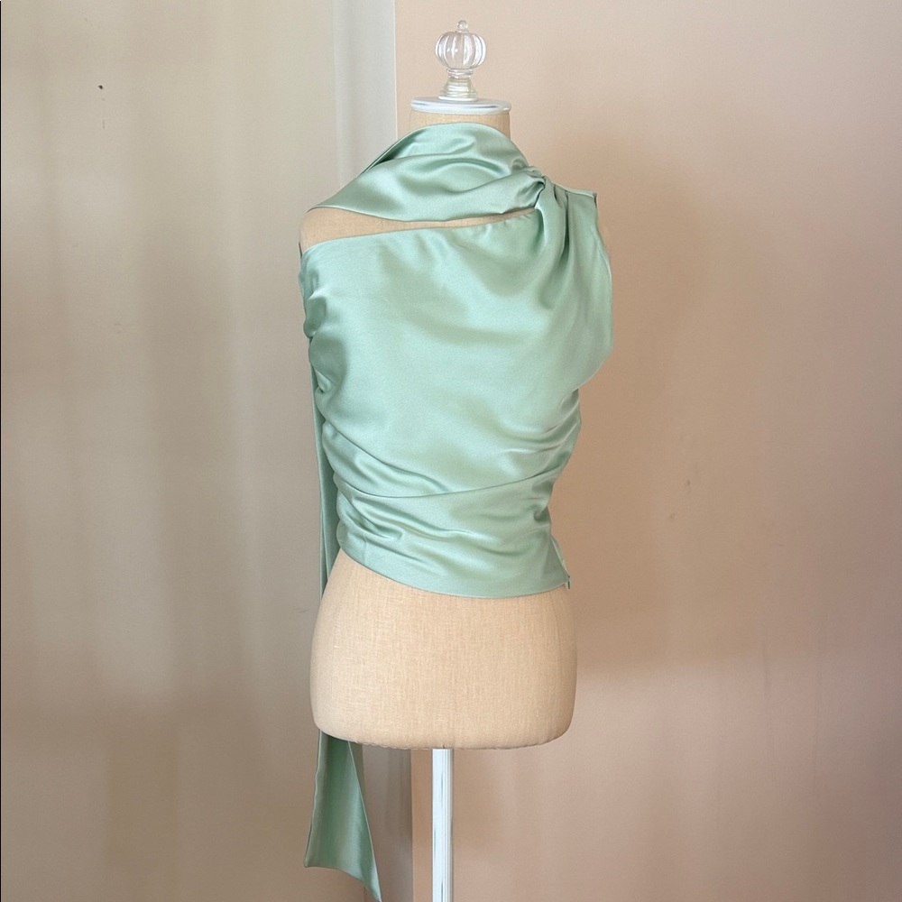 Elegant Satin Wrap Blouse in Mint Green